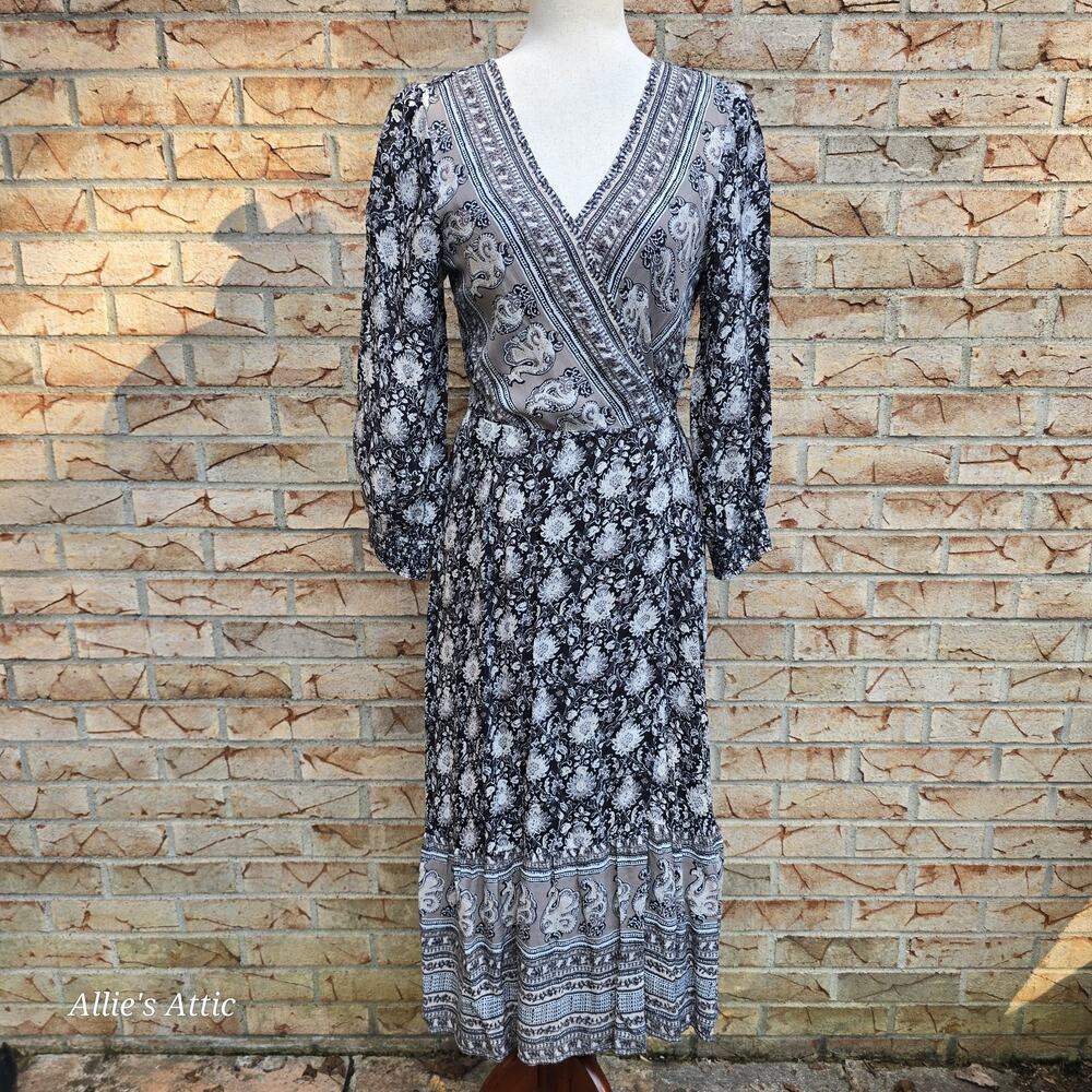 Lucky Brand Floral Paisley Print Wrap Tie LS VNeck Boho Dress Black White Gray S